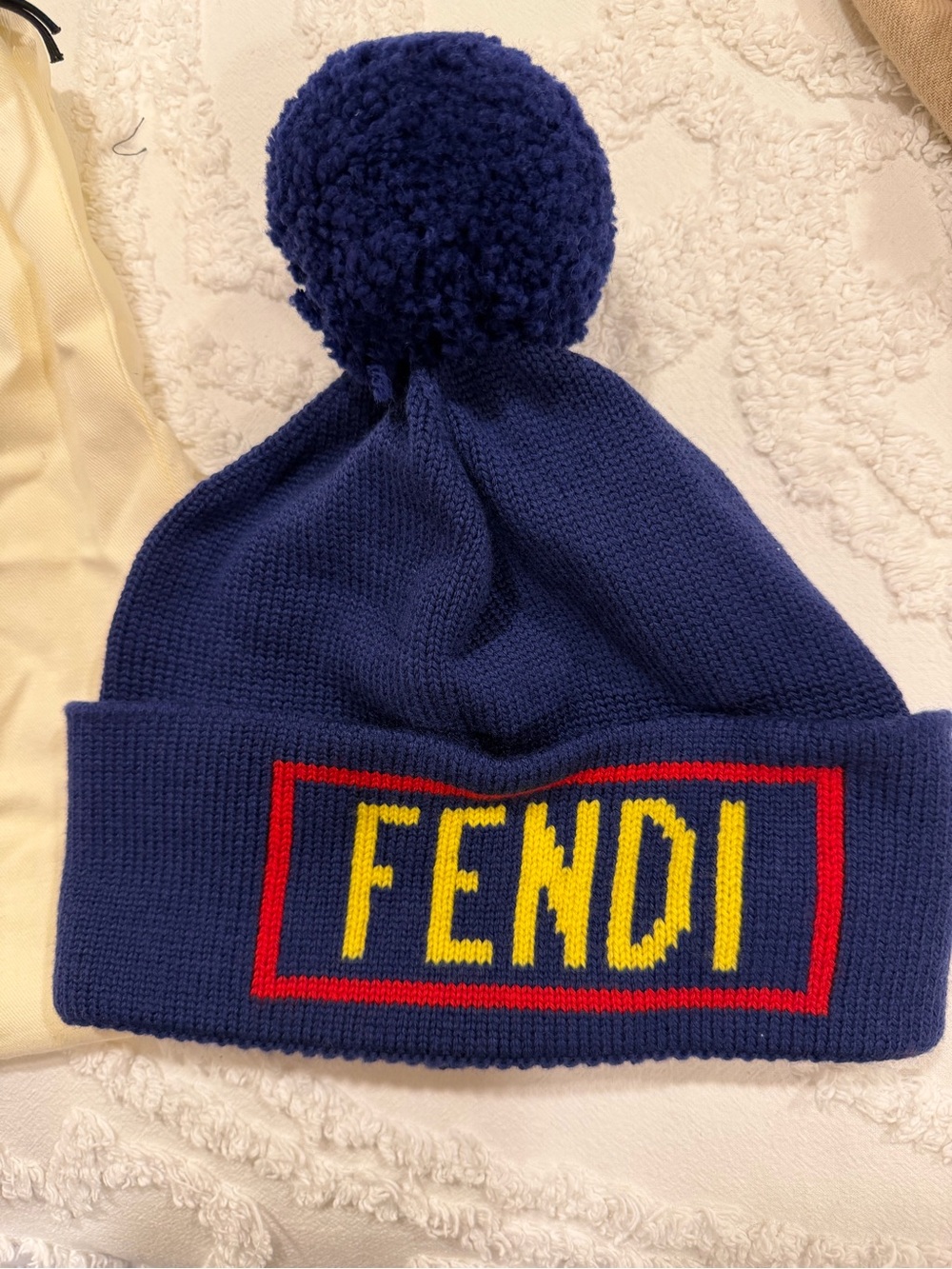 Fendi Navy Pom Pom Knit Beanie with Logo